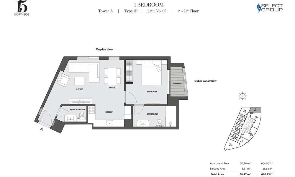 Tower A, 1 Bedroom, Type 1D, Unit 02, 1st-21st Floor